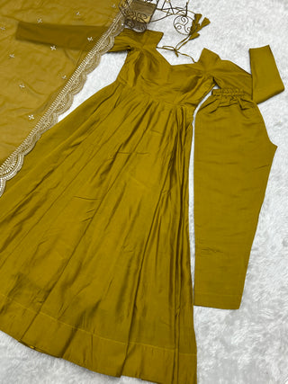 Musturd Premium Quality Pure Romansilk Chanderi Anarkali Gown with Dupatta & Pant Set - Ready to Wear