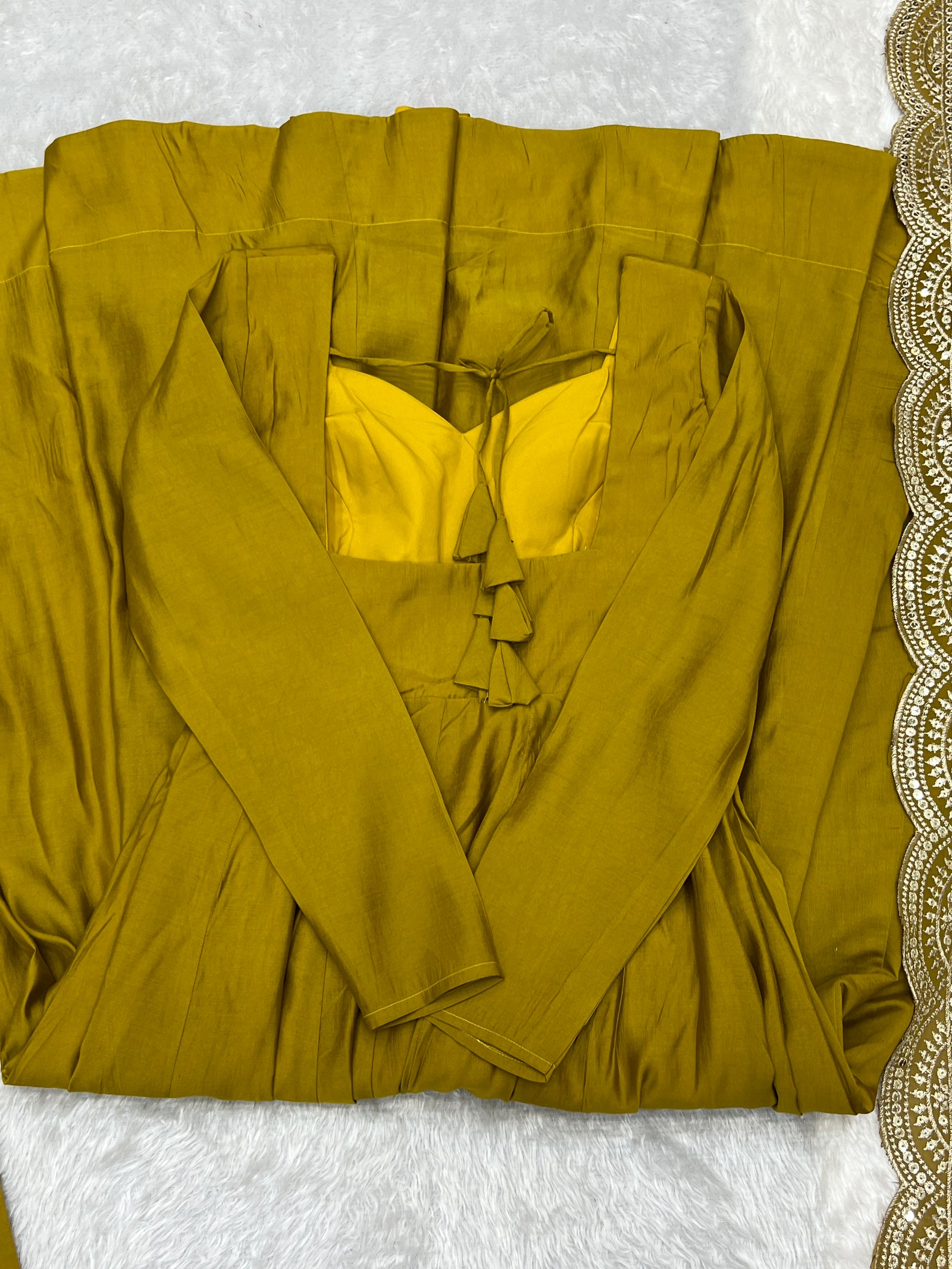 Musturd Premium Quality Pure Romansilk Chanderi Anarkali Gown with Dupatta & Pant Set - Ready to Wear