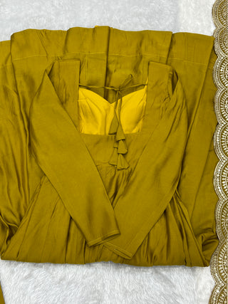 Musturd Premium Quality Pure Romansilk Chanderi Anarkali Gown with Dupatta & Pant Set - Ready to Wear