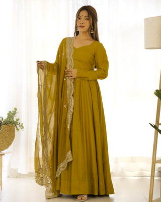 Musturd Premium Quality Pure Romansilk Chanderi Anarkali Gown with Dupatta & Pant Set - Ready to Wear