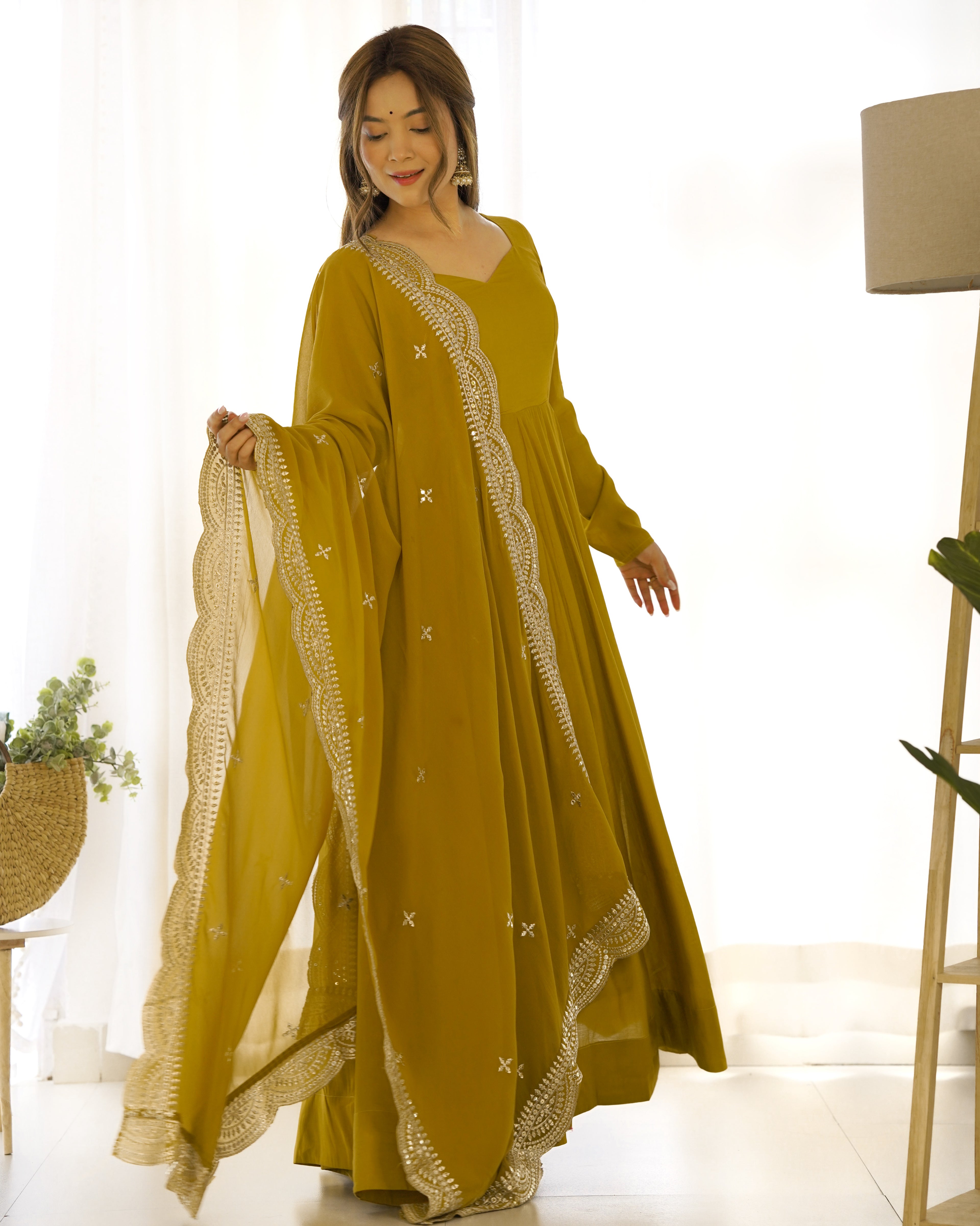 Musturd Premium Quality Pure Romansilk Chanderi Anarkali Gown with Dupatta & Pant Set - Ready to Wear