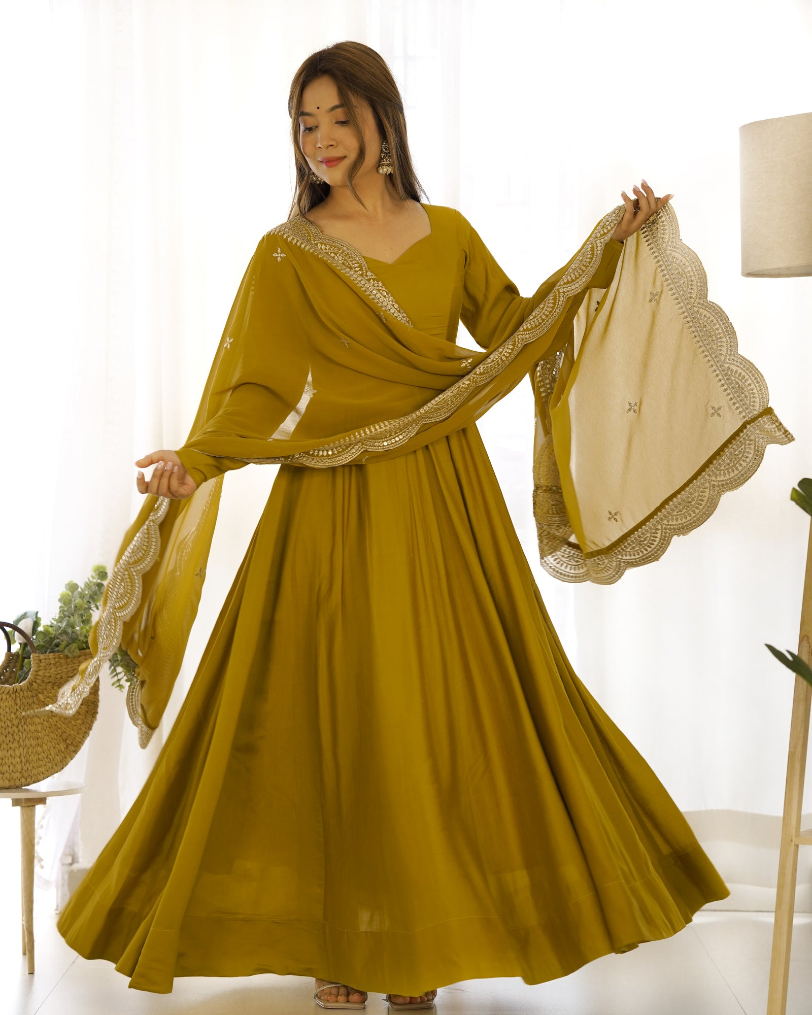 Musturd Premium Quality Pure Romansilk Chanderi Anarkali Gown with Dupatta & Pant Set - Ready to Wear