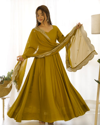 Musturd Premium Quality Pure Romansilk Chanderi Anarkali Gown with Dupatta & Pant Set - Ready to Wear