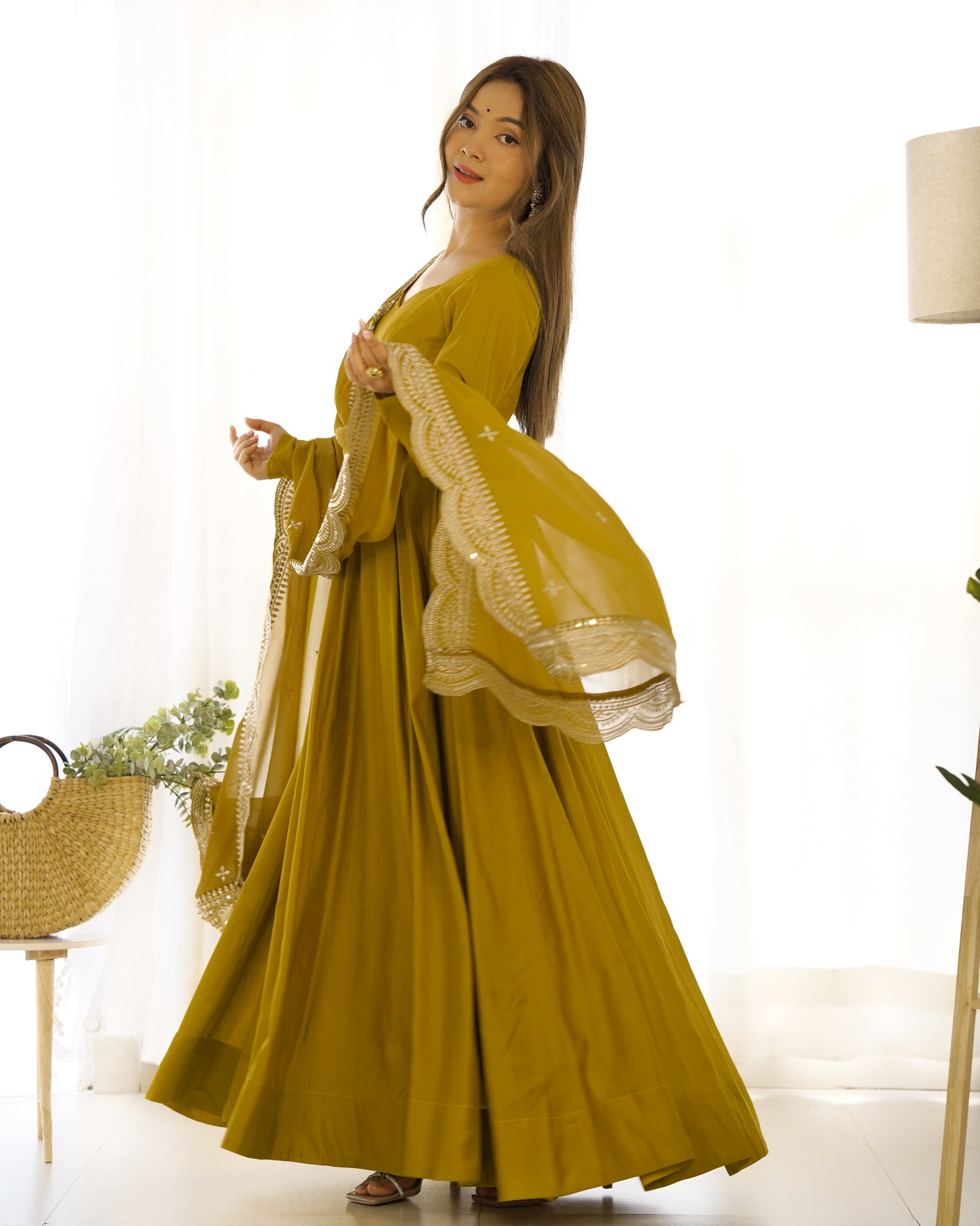 Musturd Premium Quality Pure Romansilk Chanderi Anarkali Gown with Dupatta & Pant Set - Ready to Wear