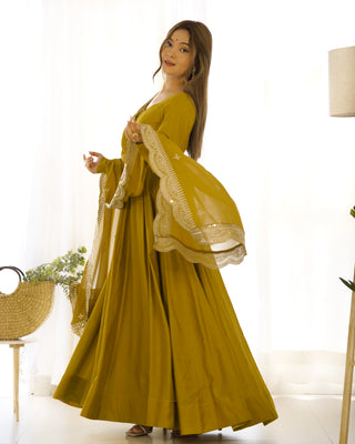 Musturd Premium Quality Pure Romansilk Chanderi Anarkali Gown with Dupatta & Pant Set - Ready to Wear