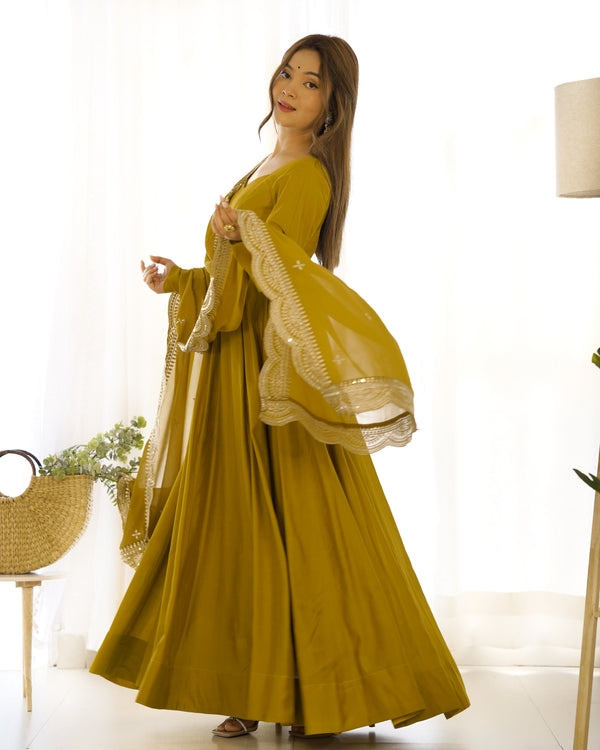 Musturd Premium Quality Pure Romansilk Chanderi Anarkali Gown with Dupatta & Pant Set - Ready to Wear