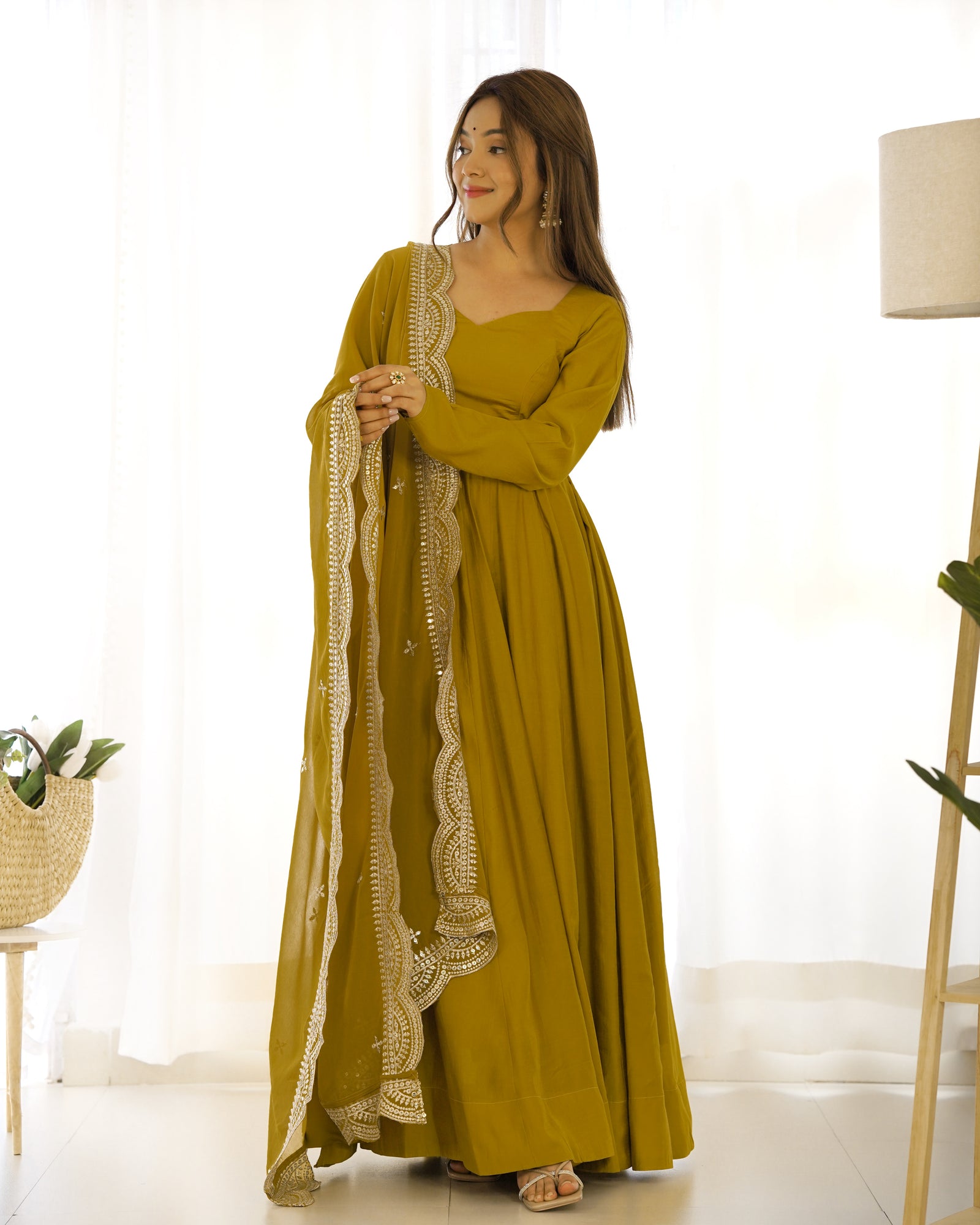 Musturd Premium Quality Pure Romansilk Chanderi Anarkali Gown with Dupatta & Pant Set - Ready to Wear