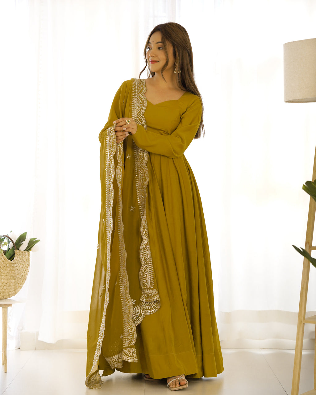 Musturd Premium Quality Pure Romansilk Chanderi Anarkali Gown with Dupatta & Pant Set - Ready to Wear