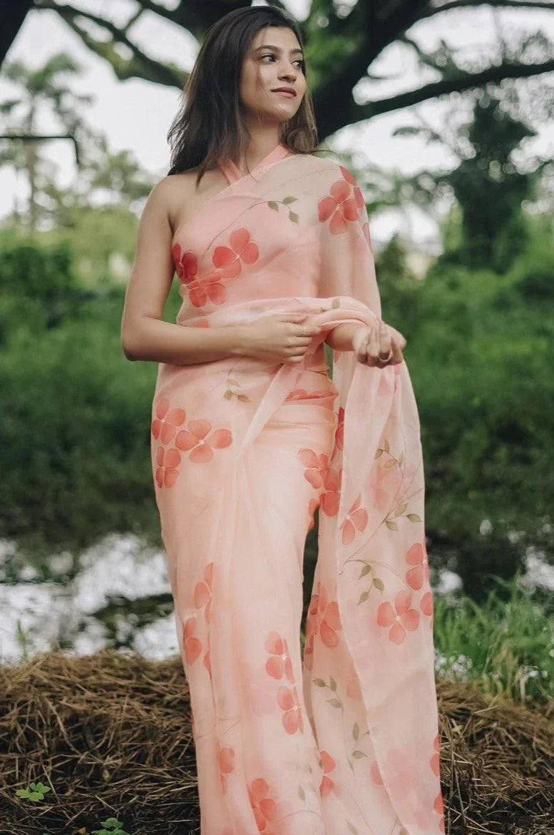Peach Blossom Hand-Painted Pure Organza Saree with White Sequin Floral Motifs & Modal Satin Blouse FANCY SAREES