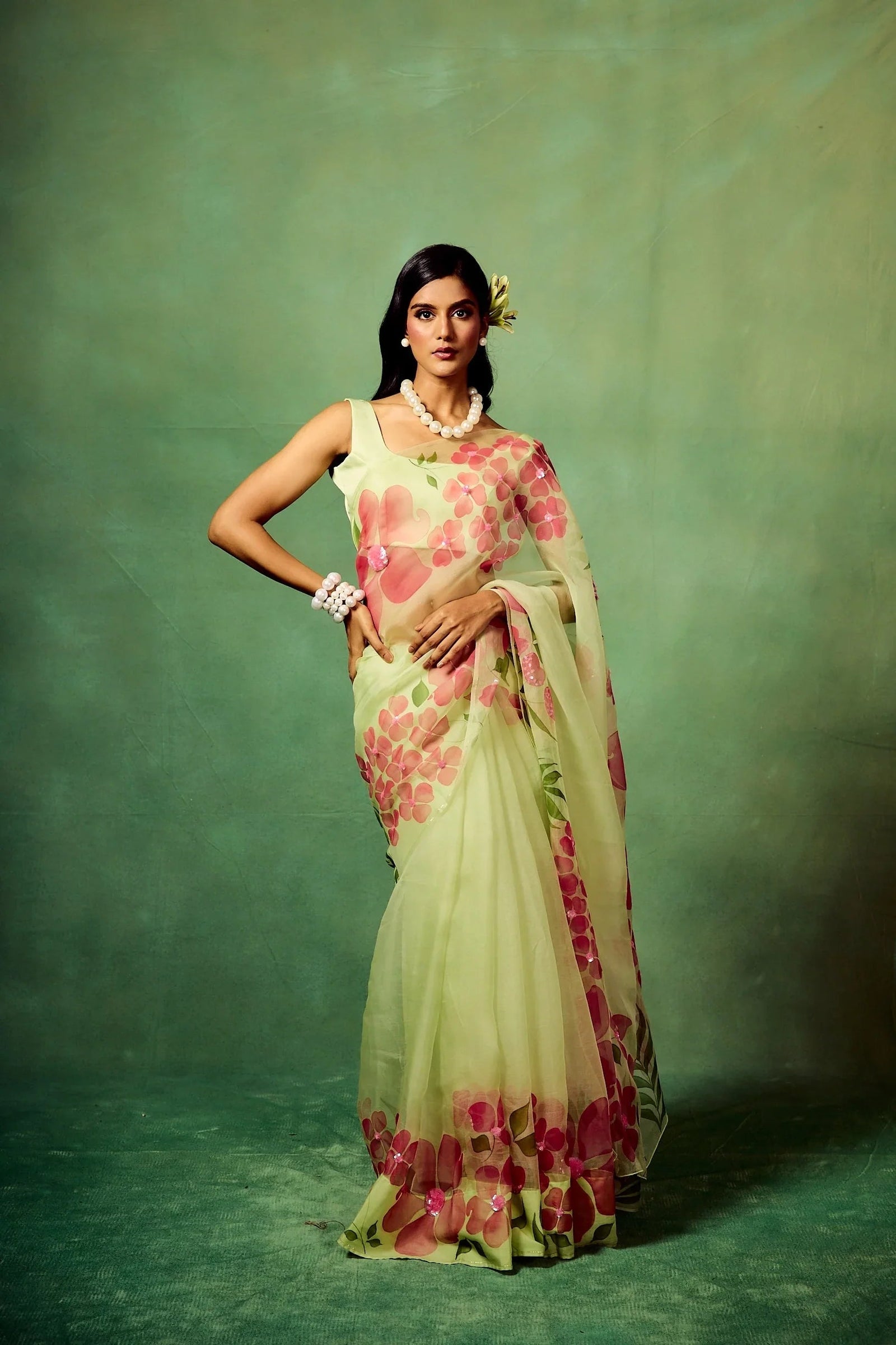 Mint Green Pure Organza Saree with Hand-Painted Pink Floral Motifs & Sequin Detailing | Satin Blouse FANCY SAREES
