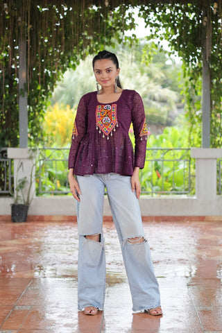 Navratri Special Georgette Schiffli Peplum Top with Kutchi Gamthi Patch Work ClothsVilla