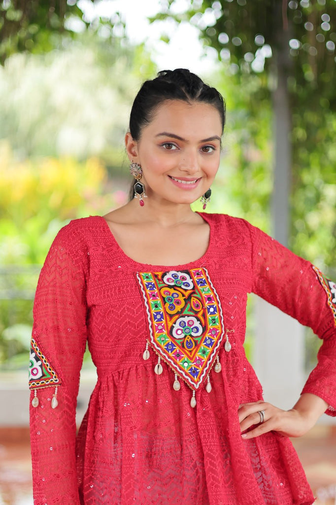 Navratri Special Georgette Schiffli Peplum Top with Kutchi Gamthi Patch Work ClothsVilla