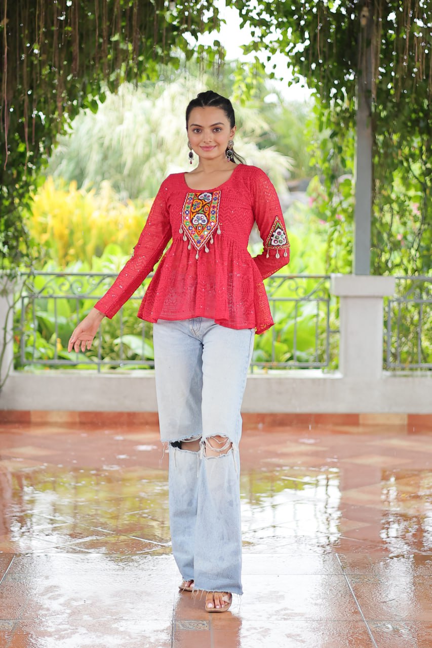 Navratri Special Georgette Schiffli Peplum Top with Kutchi Gamthi Patch Work ClothsVilla