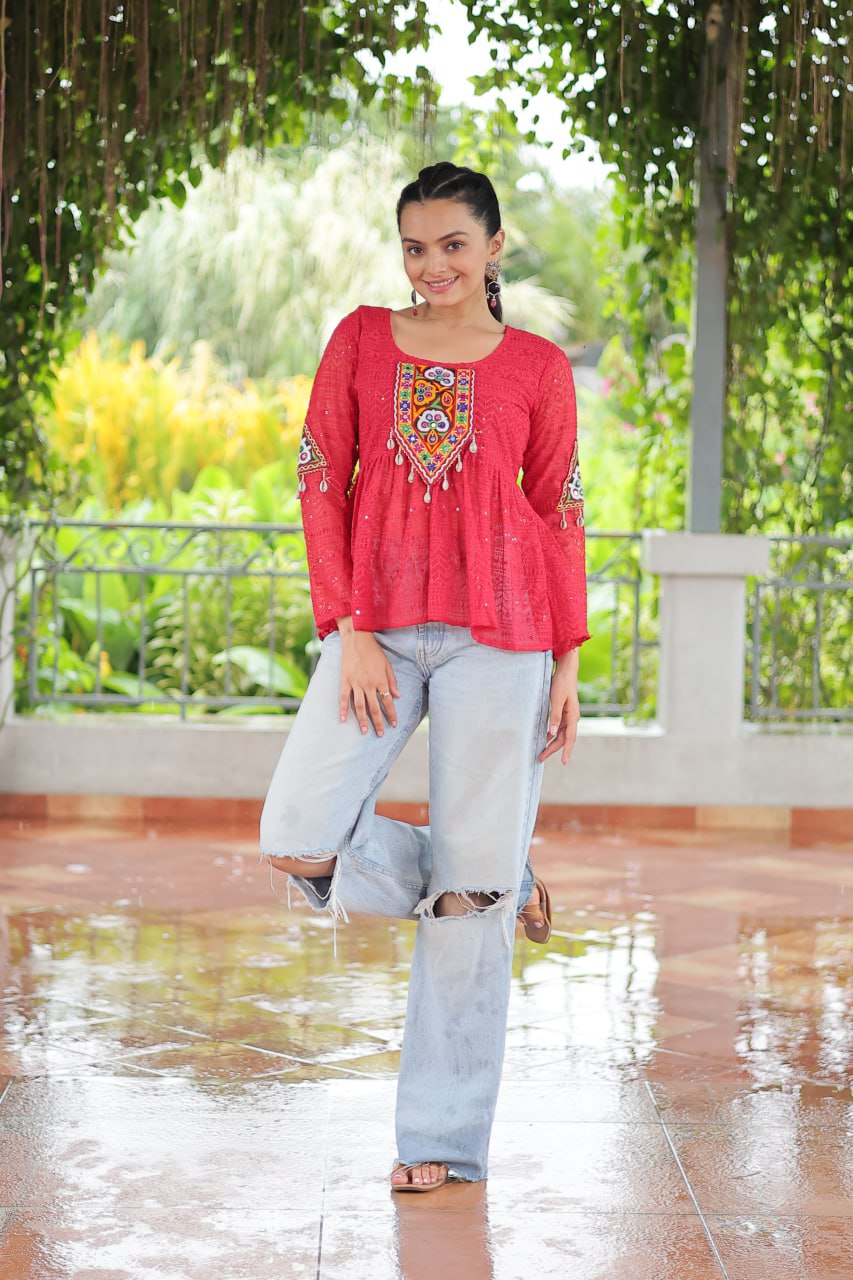 Navratri Special Georgette Schiffli Peplum Top with Kutchi Gamthi Patch Work ClothsVilla