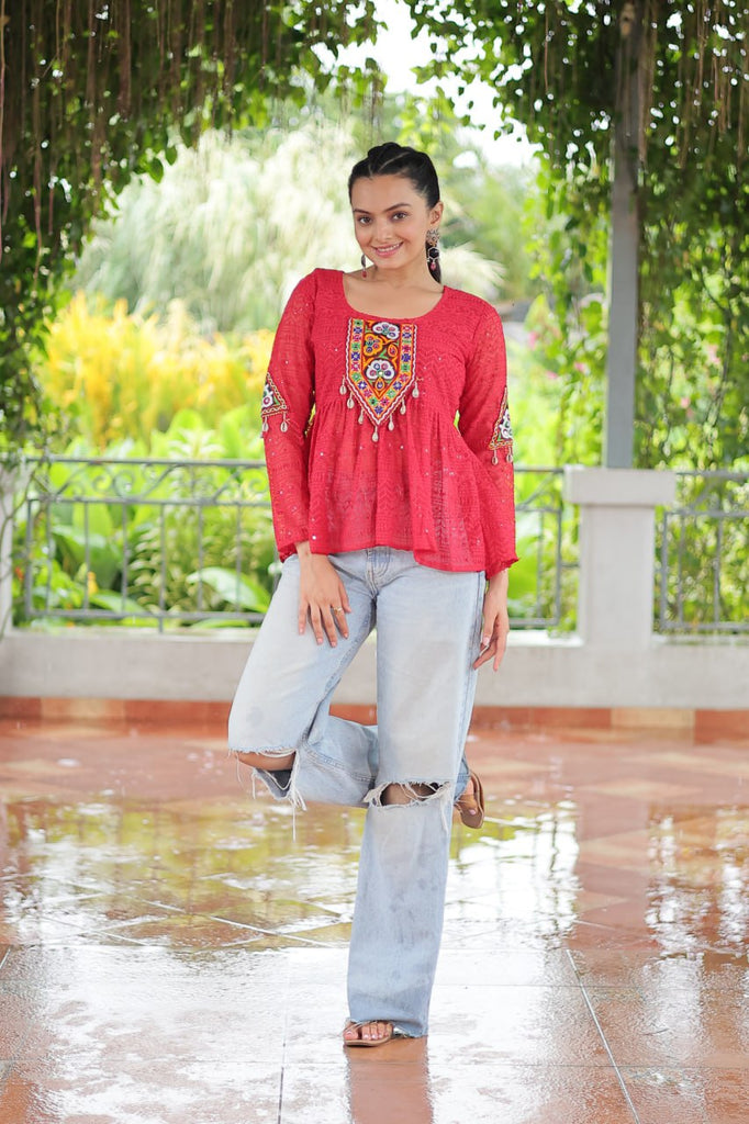 Navratri Special Georgette Schiffli Peplum Top with Kutchi Gamthi Patch Work ClothsVilla