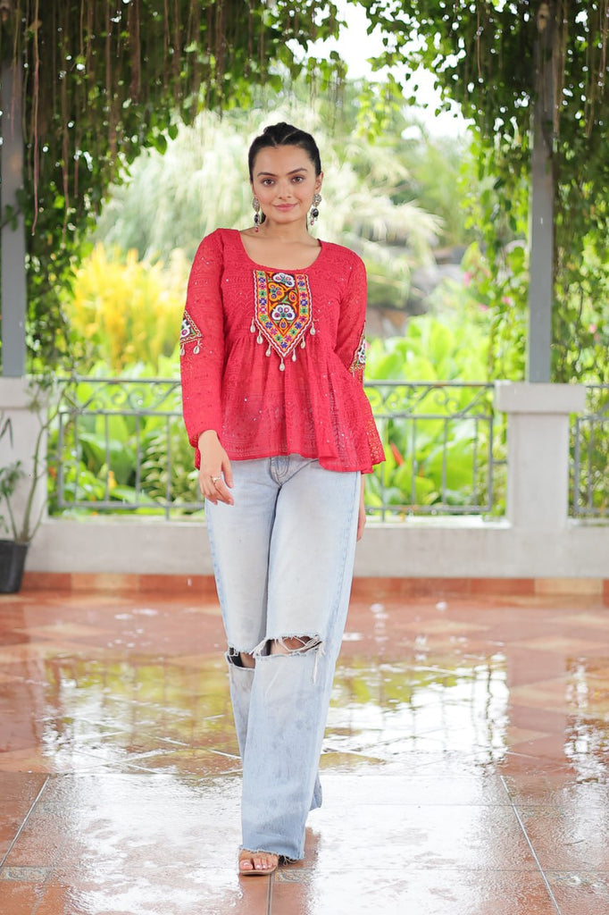 Navratri Special Georgette Schiffli Peplum Top with Kutchi Gamthi Patch Work ClothsVilla