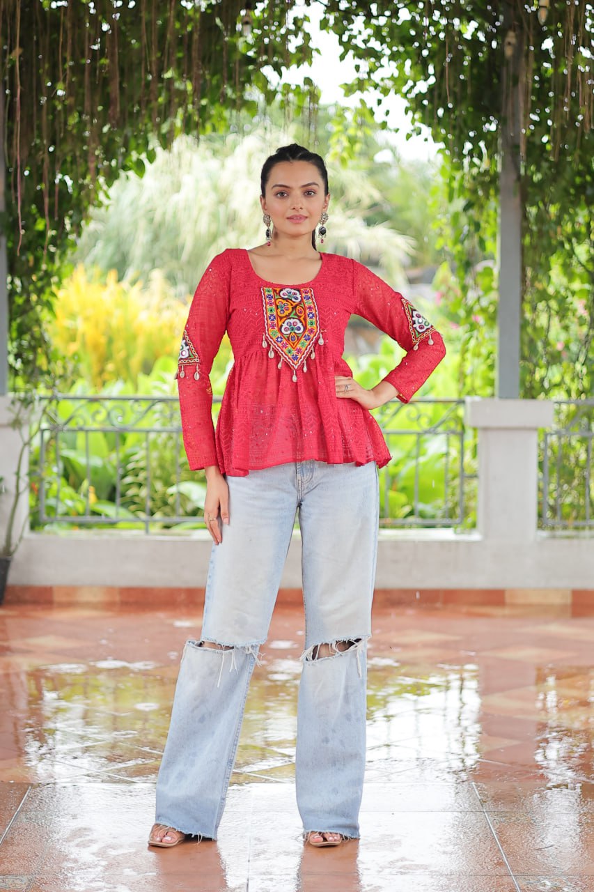 Navratri Special Georgette Schiffli Peplum Top with Kutchi Gamthi Patch Work ClothsVilla