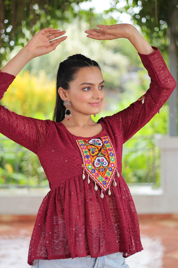 Navratri Special Georgette Schiffli Peplum Top with Kutchi Gamthi Patch Work ClothsVilla