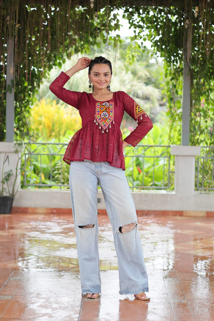 Navratri Special Georgette Schiffli Peplum Top with Kutchi Gamthi Patch Work ClothsVilla