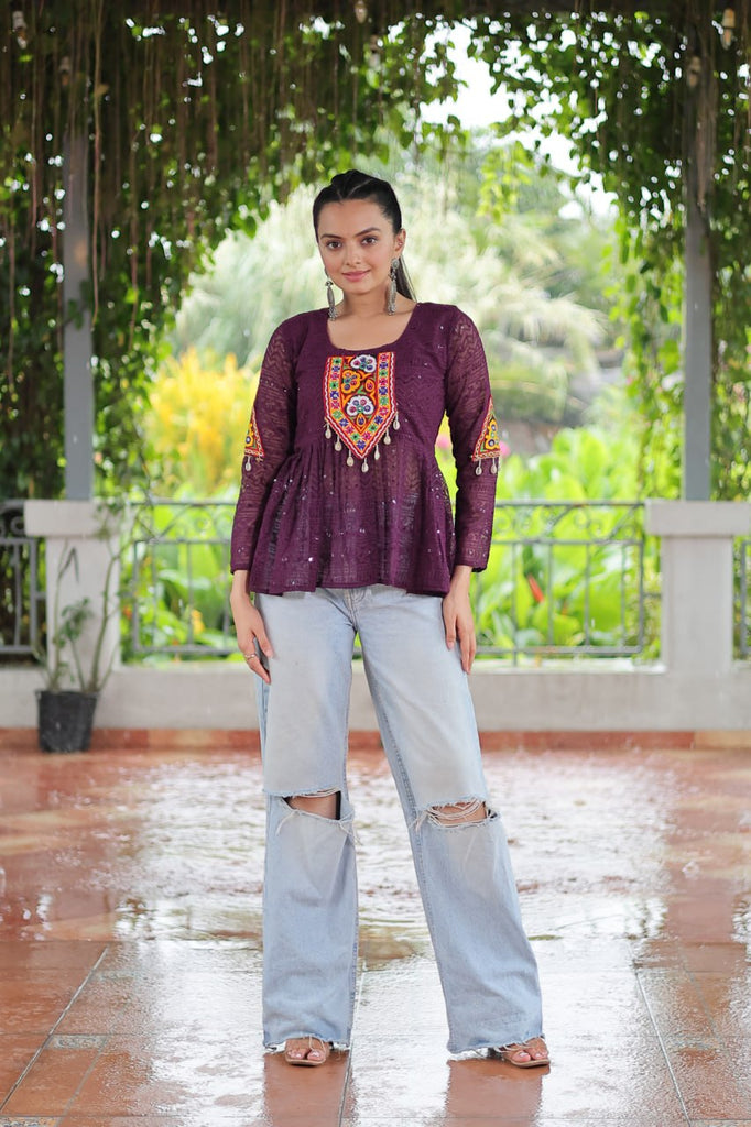 Navratri Special Georgette Schiffli Peplum Top with Kutchi Gamthi Patch Work ClothsVilla
