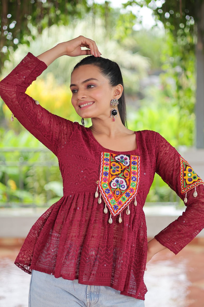 Navratri Special Georgette Schiffli Peplum Top with Kutchi Gamthi Patch Work ClothsVilla