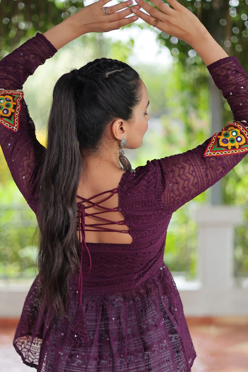 Navratri Special Georgette Schiffli Peplum Top with Kutchi Gamthi Patch Work ClothsVilla