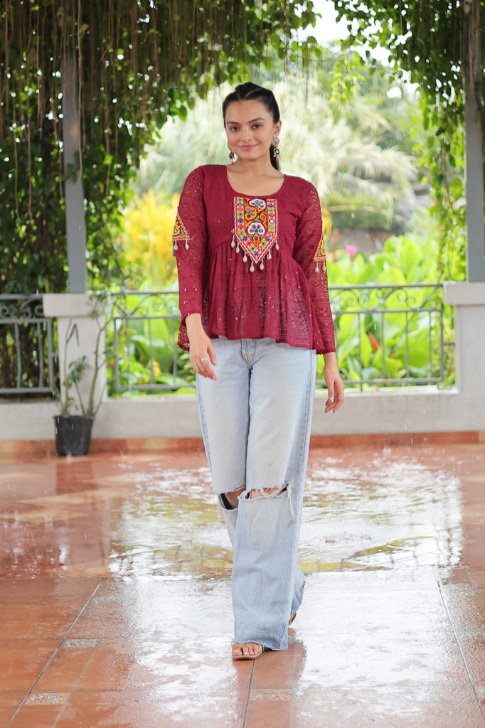 Navratri Special Georgette Schiffli Peplum Top with Kutchi Gamthi Patch Work ClothsVilla