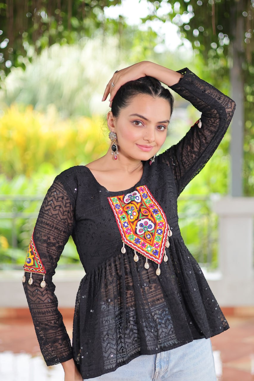 Navratri Special Georgette Schiffli Peplum Top with Kutchi Gamthi Patch Work ClothsVilla