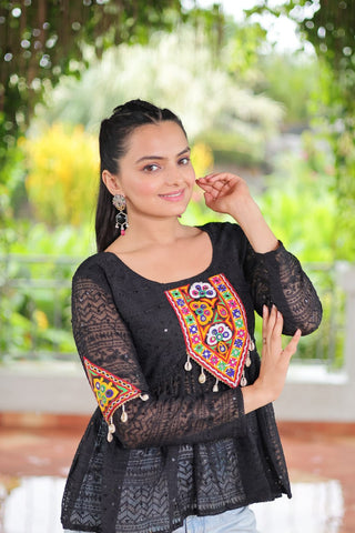 Navratri Special Georgette Schiffli Peplum Top with Kutchi Gamthi Patch Work ClothsVilla