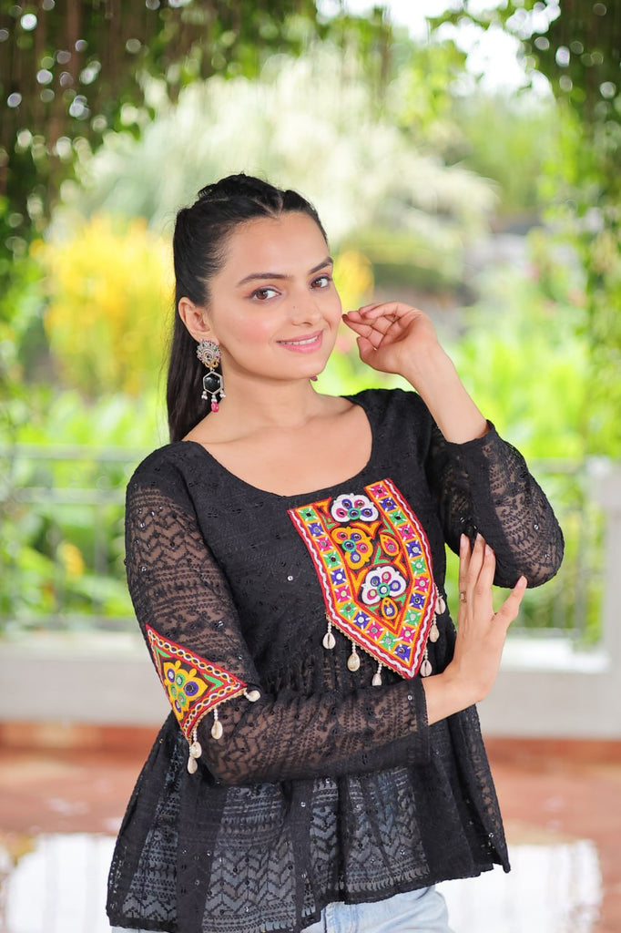 Navratri Special Georgette Schiffli Peplum Top with Kutchi Gamthi Patch Work ClothsVilla