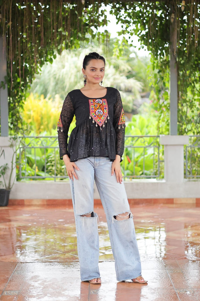 Navratri Special Georgette Schiffli Peplum Top with Kutchi Gamthi Patch Work ClothsVilla
