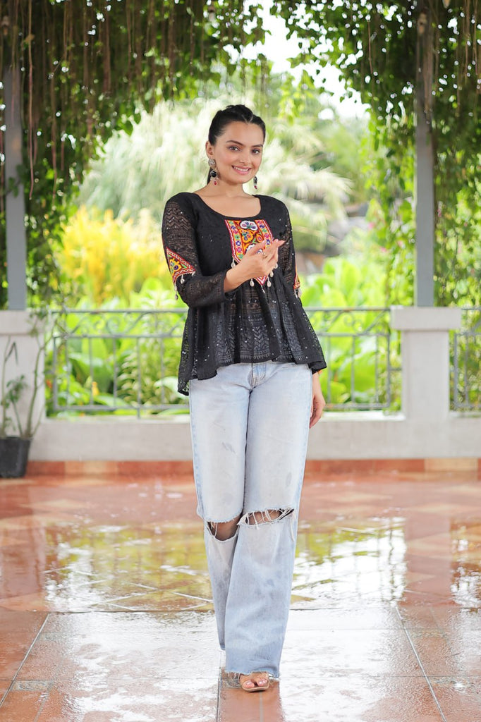 Navratri Special Georgette Schiffli Peplum Top with Kutchi Gamthi Patch Work ClothsVilla