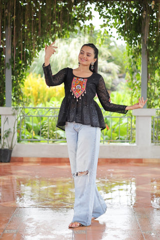 Navratri Special Georgette Schiffli Peplum Top with Kutchi Gamthi Patch Work ClothsVilla