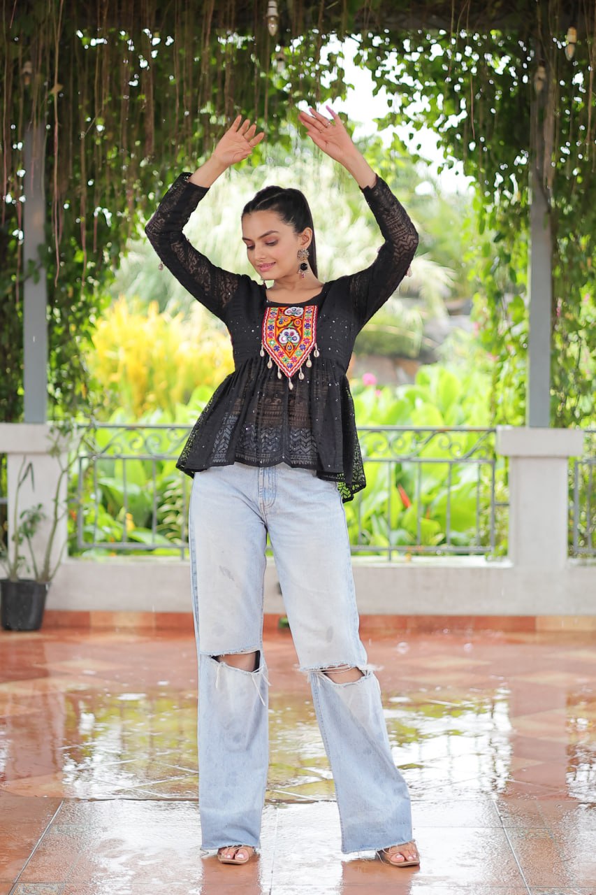 Navratri Special Georgette Schiffli Peplum Top with Kutchi Gamthi Patch Work ClothsVilla