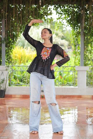 Navratri Special Georgette Schiffli Peplum Top with Kutchi Gamthi Patch Work ClothsVilla