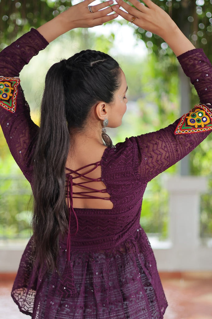 Navratri Special Georgette Schiffli Peplum Top with Kutchi Gamthi Patch Work ClothsVilla