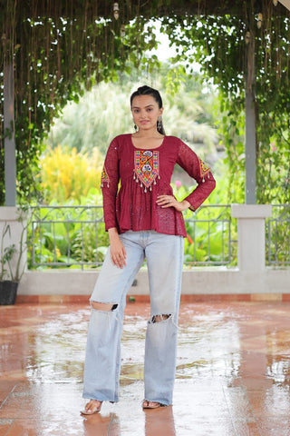 Navratri Special Georgette Schiffli Peplum Top with Kutchi Gamthi Patch Work ClothsVilla