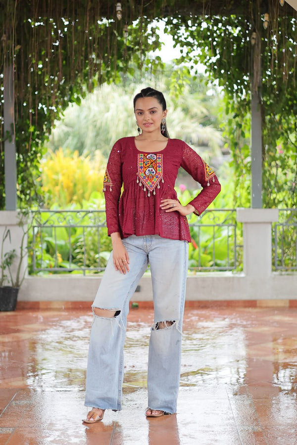 Navratri Special Georgette Schiffli Peplum Top with Kutchi Gamthi Patch Work ClothsVilla