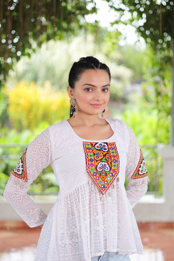 Navratri Special Georgette Schiffli Peplum Top with Kutchi Gamthi Patch Work ClothsVilla