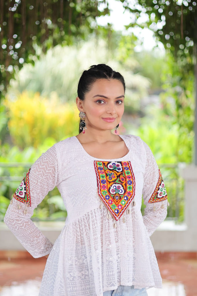 Navratri Special Georgette Schiffli Peplum Top with Kutchi Gamthi Patch Work ClothsVilla