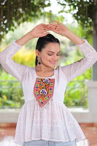 Navratri Special Georgette Schiffli Peplum Top with Kutchi Gamthi Patch Work ClothsVilla