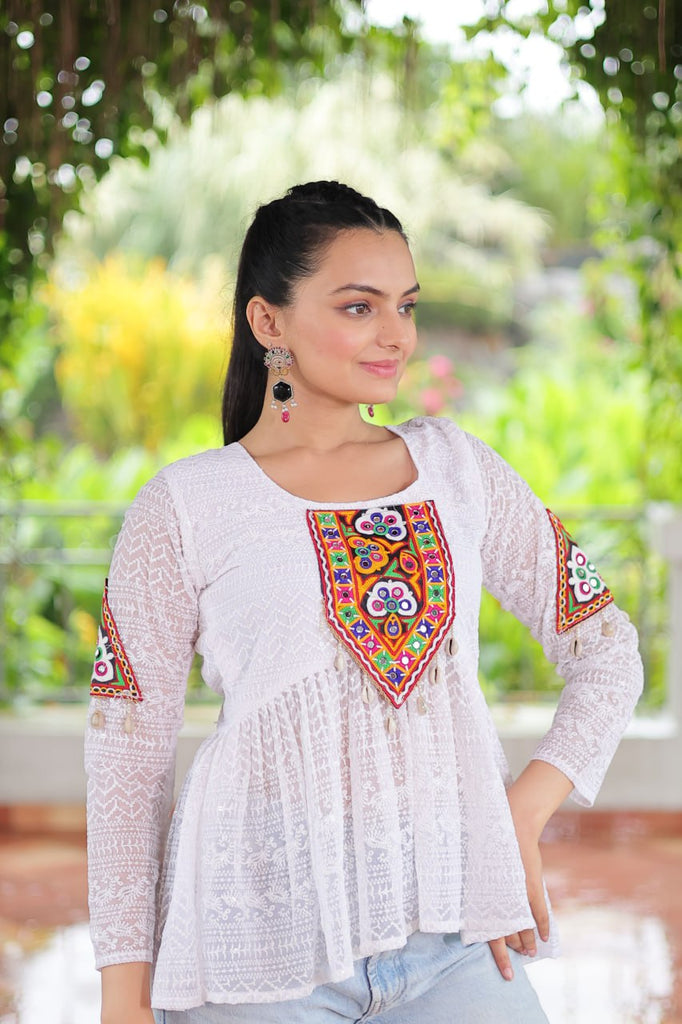 Navratri Special Georgette Schiffli Peplum Top with Kutchi Gamthi Patch Work ClothsVilla