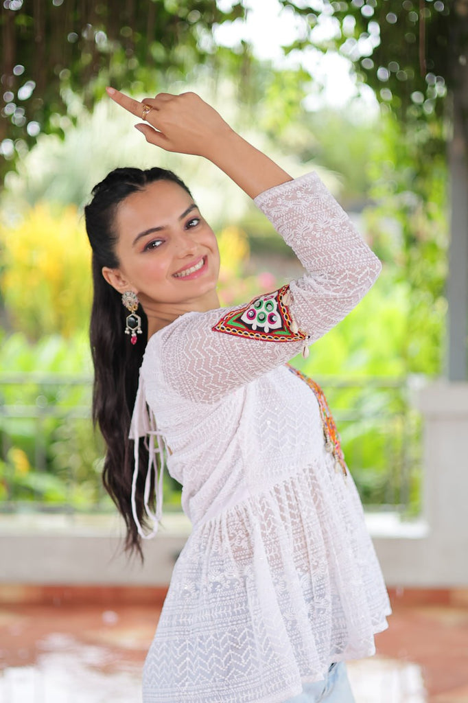 Navratri Special Georgette Schiffli Peplum Top with Kutchi Gamthi Patch Work ClothsVilla