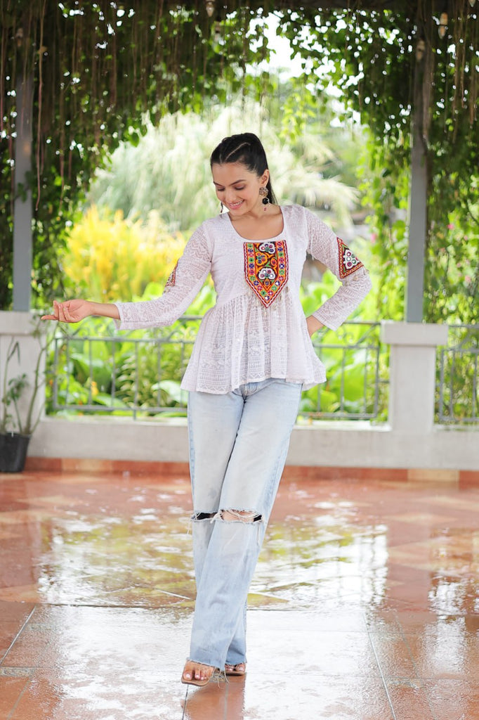 Navratri Special Georgette Schiffli Peplum Top with Kutchi Gamthi Patch Work ClothsVilla