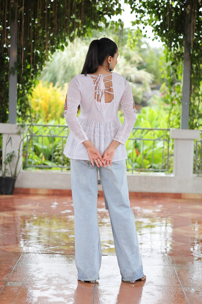 Navratri Special Georgette Schiffli Peplum Top with Kutchi Gamthi Patch Work ClothsVilla