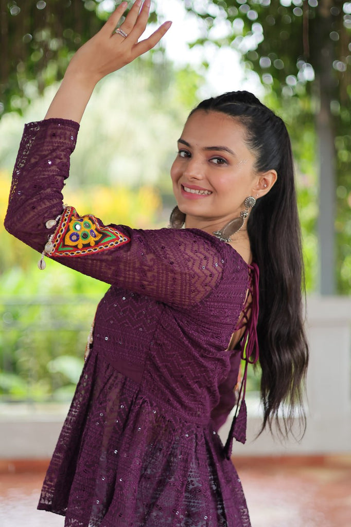 Navratri Special Georgette Schiffli Peplum Top with Kutchi Gamthi Patch Work ClothsVilla