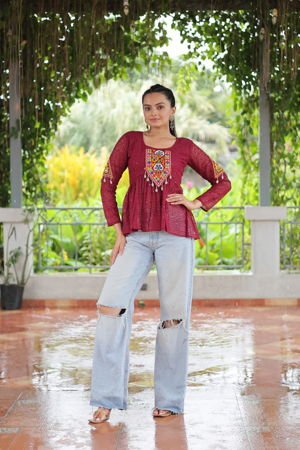 Navratri Special Georgette Schiffli Peplum Top with Kutchi Gamthi Patch Work ClothsVilla