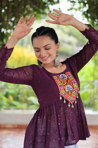 Navratri Special Georgette Schiffli Peplum Top with Kutchi Gamthi Patch Work ClothsVilla
