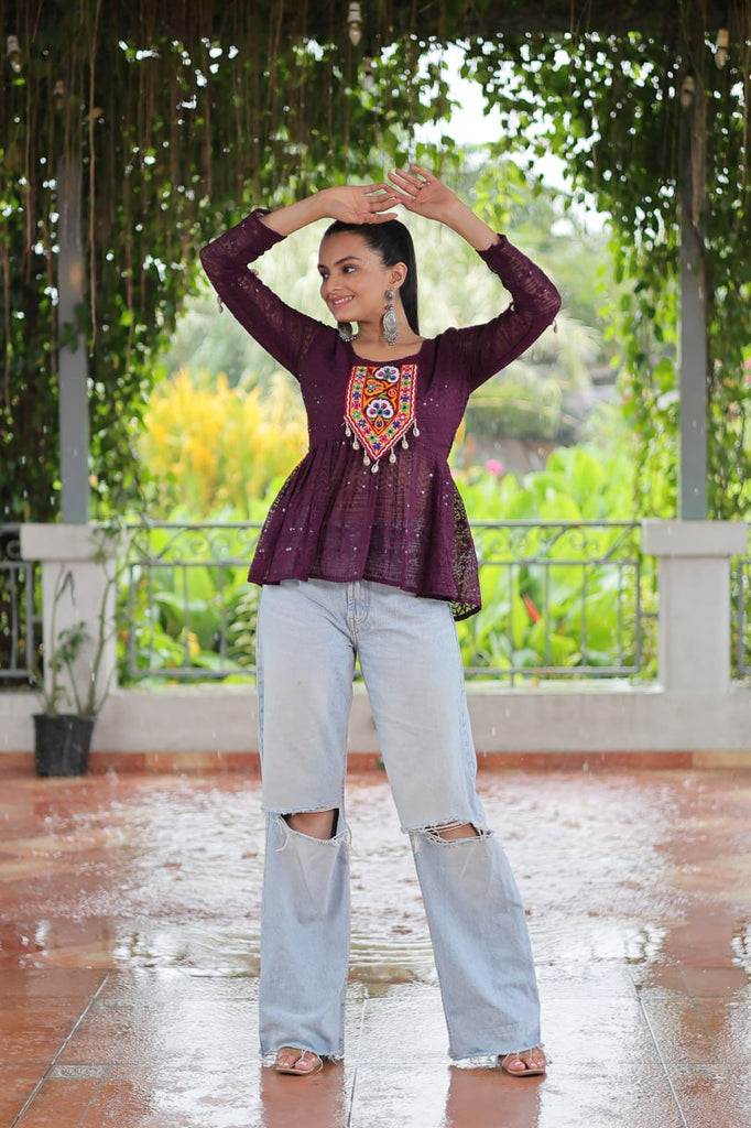 Navratri Special Georgette Schiffli Peplum Top with Kutchi Gamthi Patch Work ClothsVilla