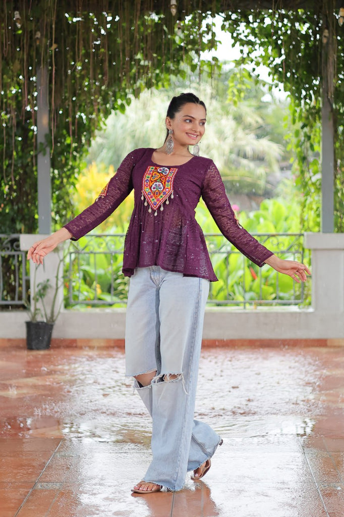 Navratri Special Georgette Schiffli Peplum Top with Kutchi Gamthi Patch Work ClothsVilla